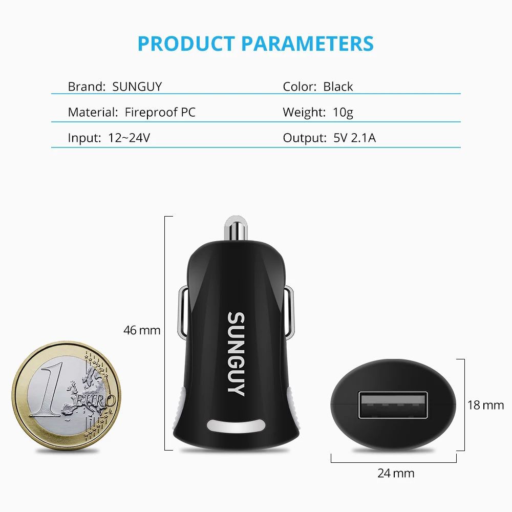 SUNGUY Mini USB Автомобильное зарядное устройство адаптер 2.1A для мобильного телефона
