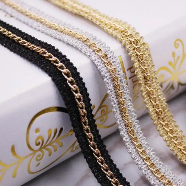 

10yards Braided Lace Ribbon Delicate Gold Metal Chain Pearl Beaded Lace Trim DIY Lace Decoration Clothes Bags Shoes Accessories