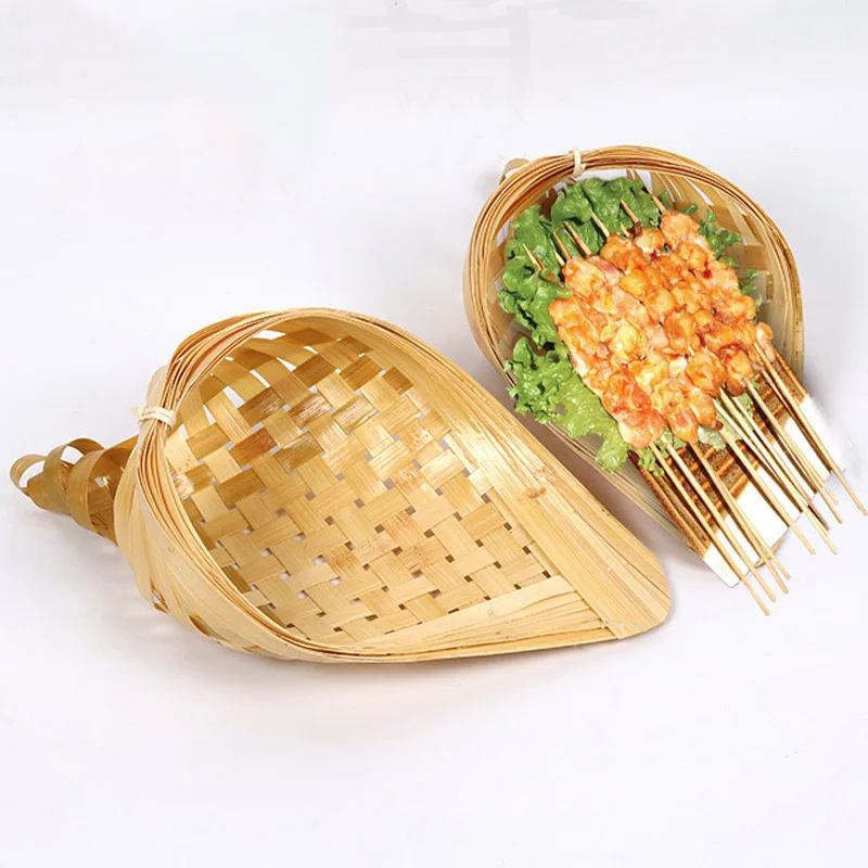 Woven Bamboo Basket Snack Plate Sushi Tray French Fries Handmade Creative Dessert Conch Hotel Tableware Food 2pcs | Дом и сад