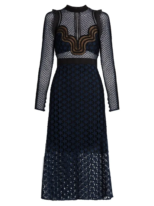 

[NEW] 2019 Advanced Gauze Ruffle Perspective Lace Cutout Mid-Calf Dress High Waist Slim Sexy One-piece Dress Formal Dress