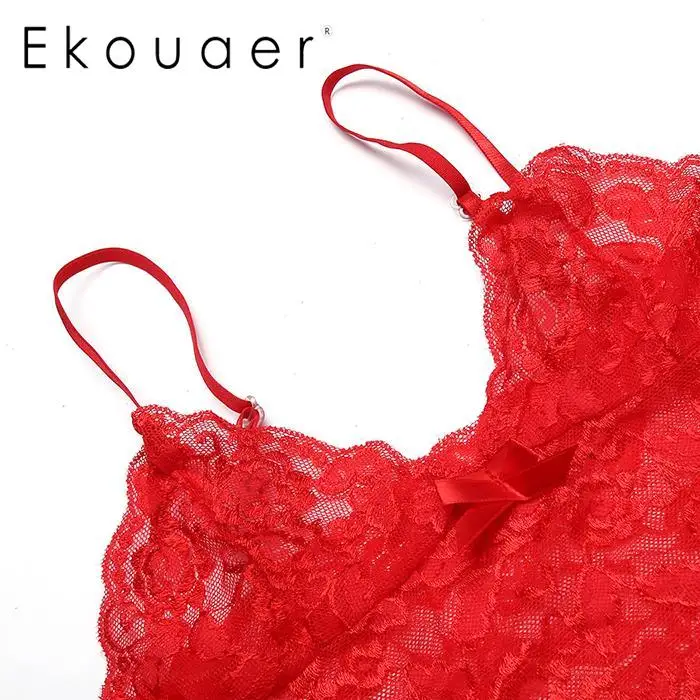 Ekouaer Plus Size Sexy Lace Bra Set Lingerie Two Piece Underwear Spaghetti Strap Transparent Bras Women Sleepwear Suit | Женская одежда