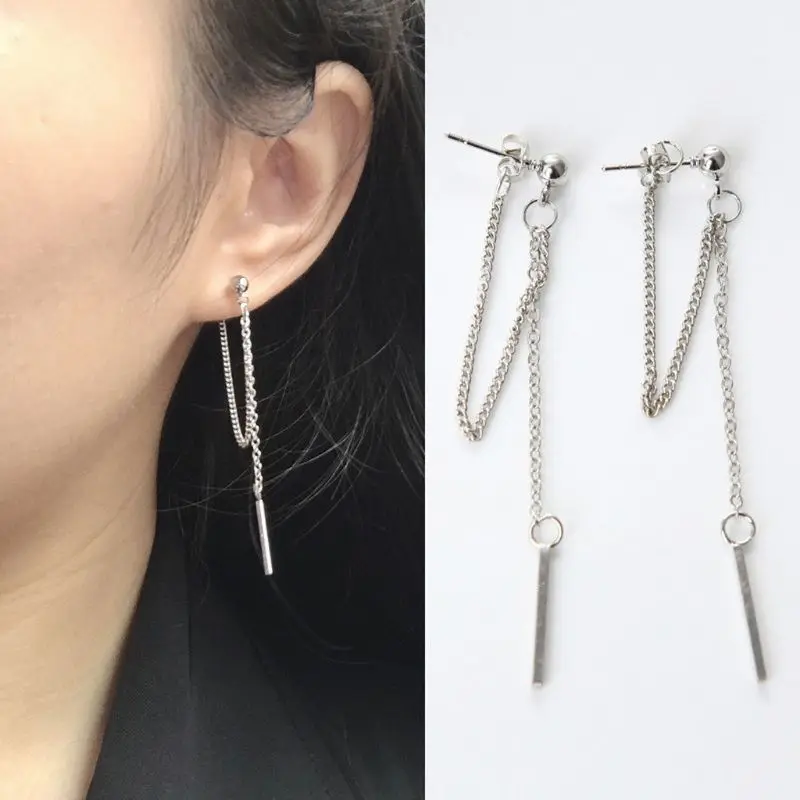 Серебряные серьги подвески с двойной кисточкой и цепочкой корейские модные