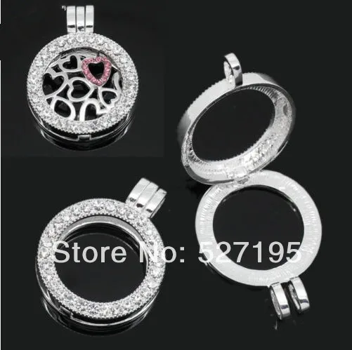 

Floating Charm Locket Necklace DIY Rhinestone Round Silver Tone 3.6x2.8cm