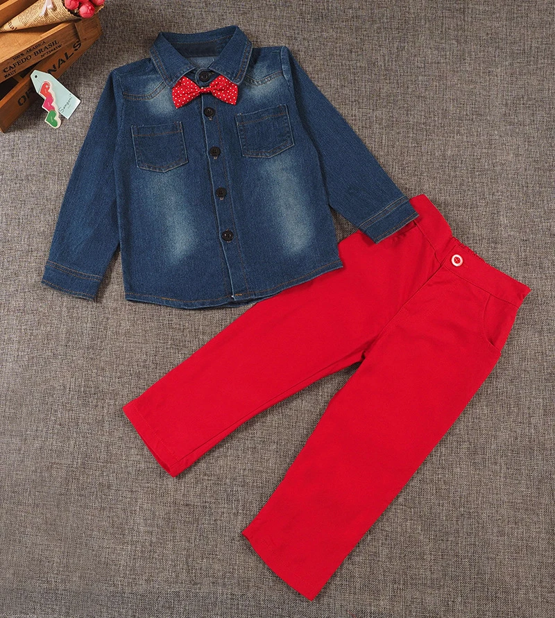 2PCS/3-8Years/2017 Spring Autumn Baby Boys Suits Toddler Clothes Casual Denim Shirt+Red Pants+Tie Children Clothing Sets BC1398 |