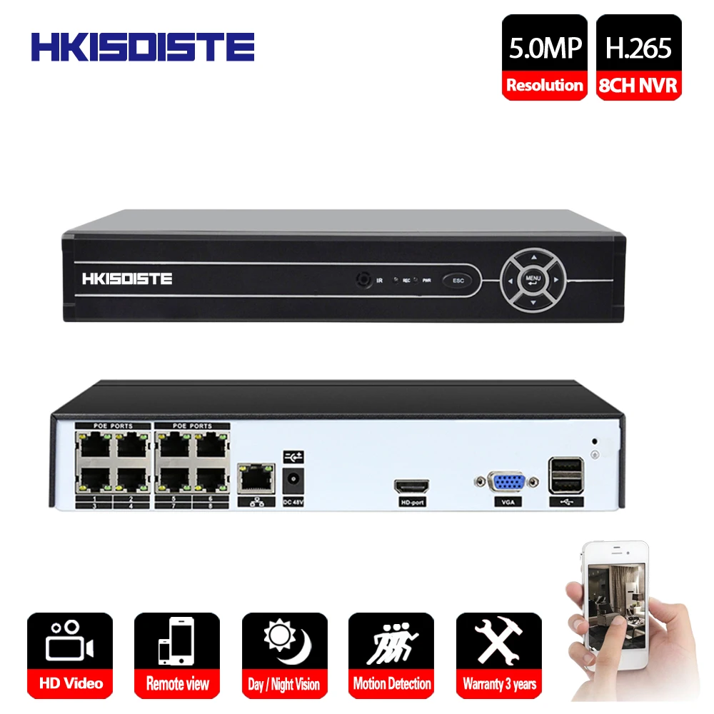 Сетевой видеорегистратор HKIXDISTE 4 канала 8 каналов 5 МП POE NVR P2P ONVIF Full HD 0 для IP камеры