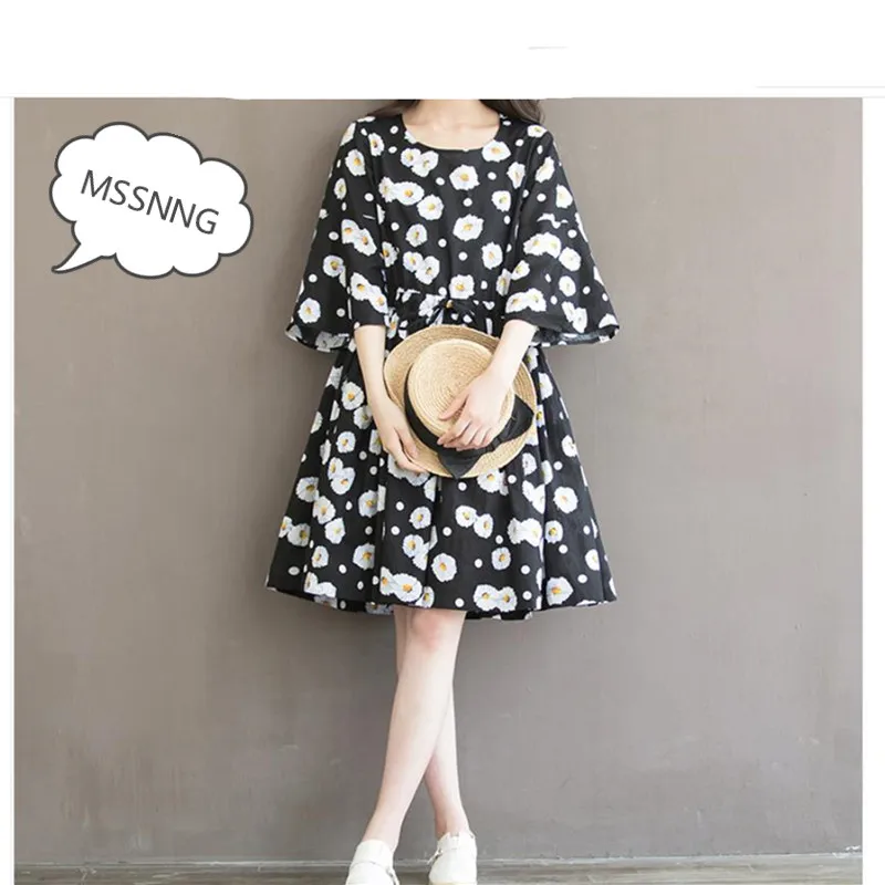 MSSNNG ромашка цветочный принт Ретро Круглый вырез хлопок Свободные Большие