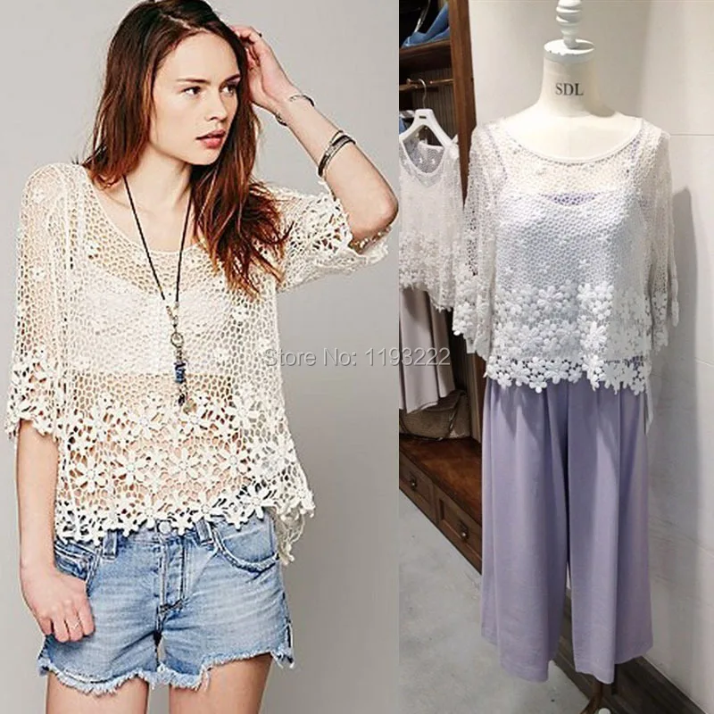 Fashion Women Three Quarter Sleeve O Neck Sheer Lace Floral Embroidery Spring Crochet Tops Blouses Shirt Tee