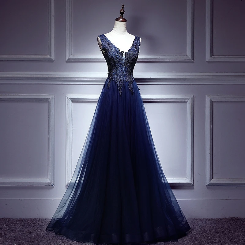 2020 Vestido De Festa Sexy Navy Blue Evening Dresses V Neck Sleeveless Appliques Party Gowns Women Formal | Свадьбы и торжества