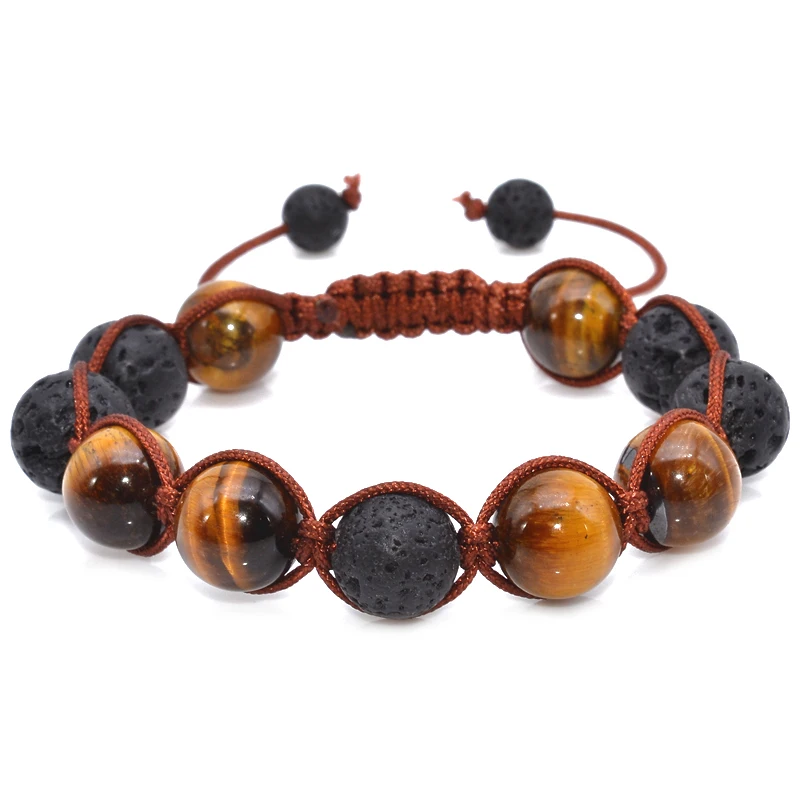 Мужской браслет из вулканической лавы 12 мм с бусинами и тигровым глазом|bracelets