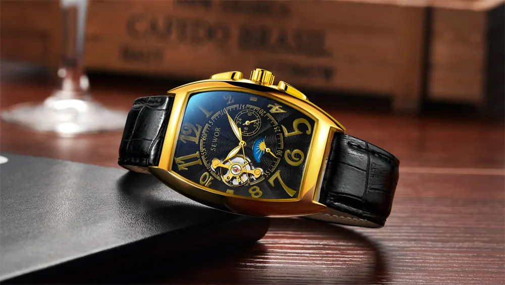 SEWOR, новинка, черные, золотые, Tonneau Tourbillon, автоматические механические часы для мужчин, ремешок из натуральной кожи, мужские часы, мужские наручные часы