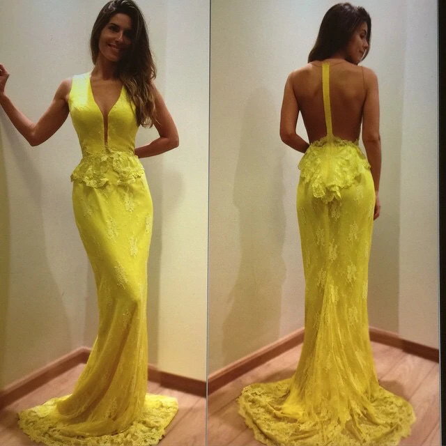 Платье-де-феста Бразилия Pageant Платья Русалка Рукавов See Through Назад Желтые