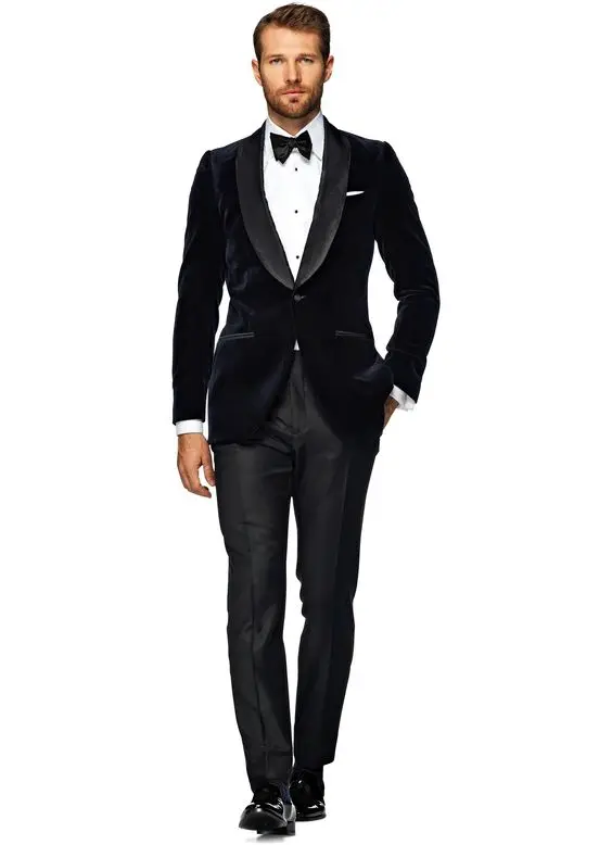 

Bespoke Men Suits Velvet Jacket Shawl Lapel Black Pants Groom Groomsmen Wedding Tuxedos A323