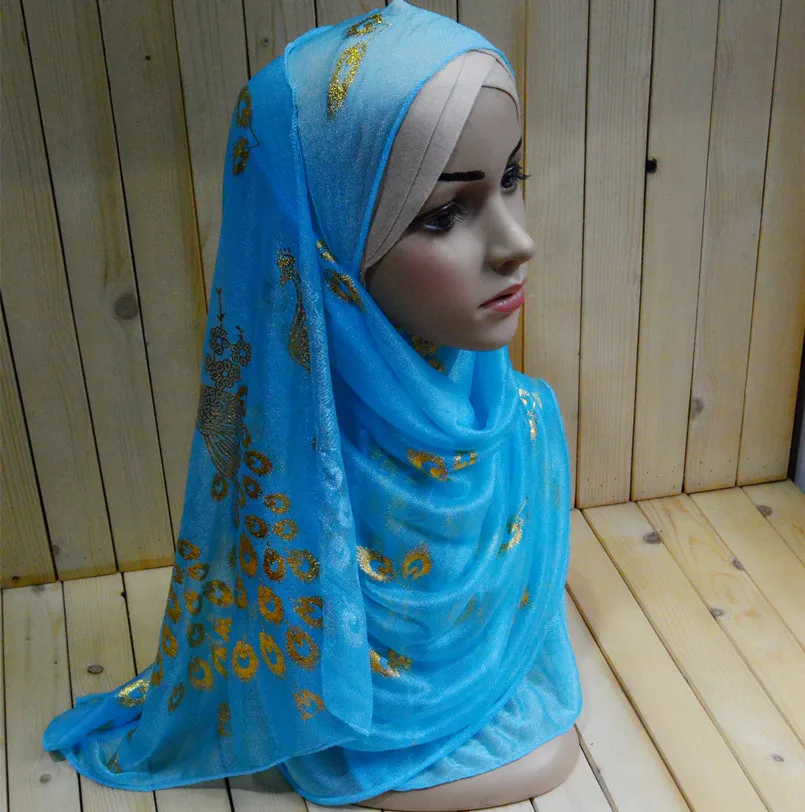 mu1136 Fashion new style muslim Turban gold peacock print net elastic Lady wraps mix color retail sale Islamic Hijabs | Аксессуары для