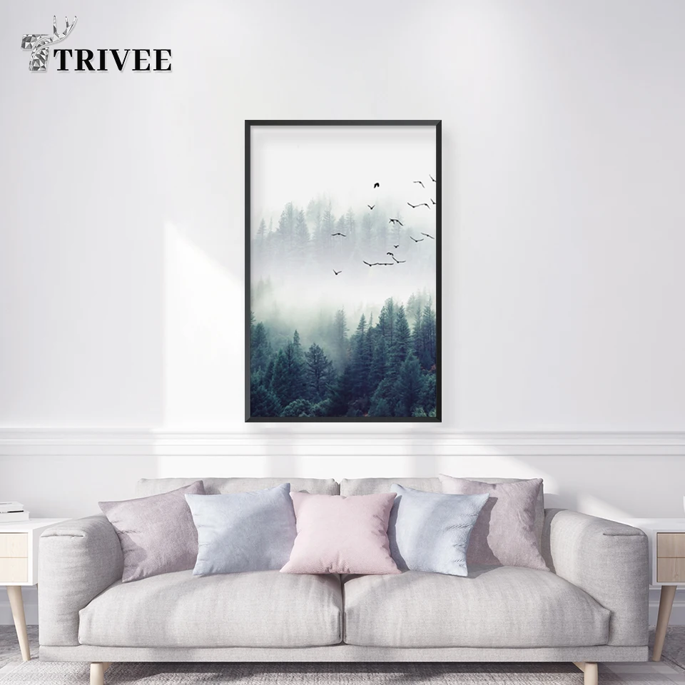 Современные настенные художественные картины на холсте туманный лесной пейзаж