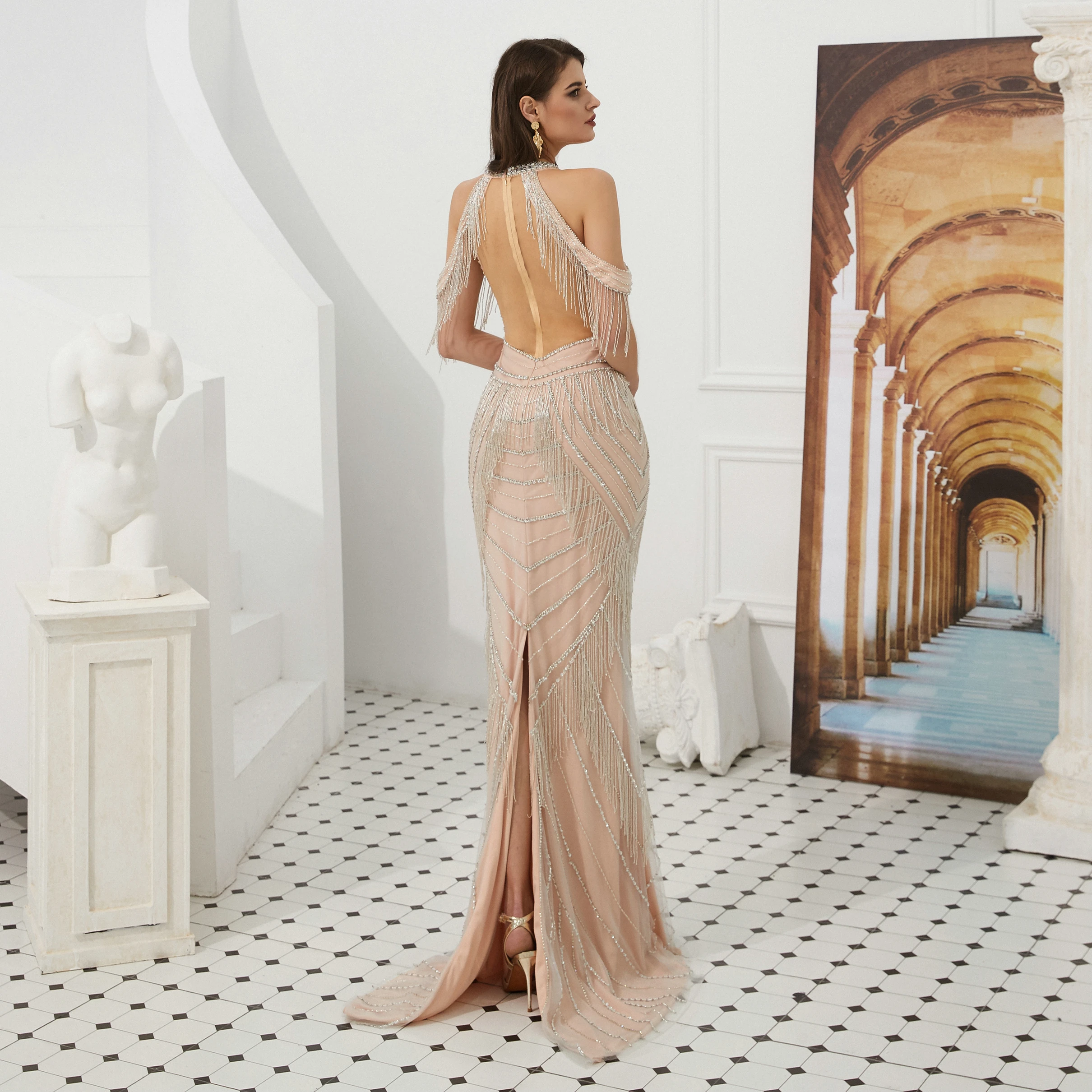 JaneVini Luxury High Neck Rhinestones Mermaid Long Evening Dresses Sleeveless Beaded Tassels Sheer Back Sexy Formal Party Gowns