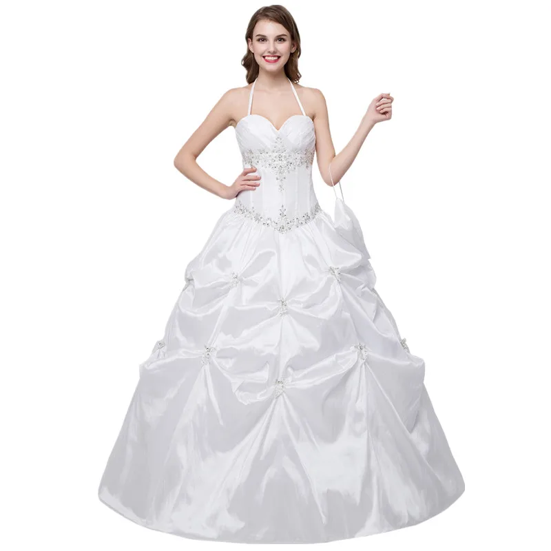 

In Stock Halter Wedding Dress Embroidered Ball gown wedding gown Beaded Ruffle Lace Up cheap-wedding-dress
