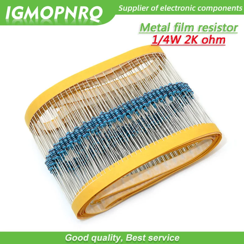 

100pcs Metal film resistor Five color ring Weaving 1/4W 0.25W 1% 2K 2K ohm 2Kohm