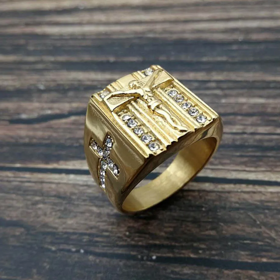 Хип-хоп Iced Out религиозное Кольцо Крест Иисуса золотого цвета из нержавеющей стали