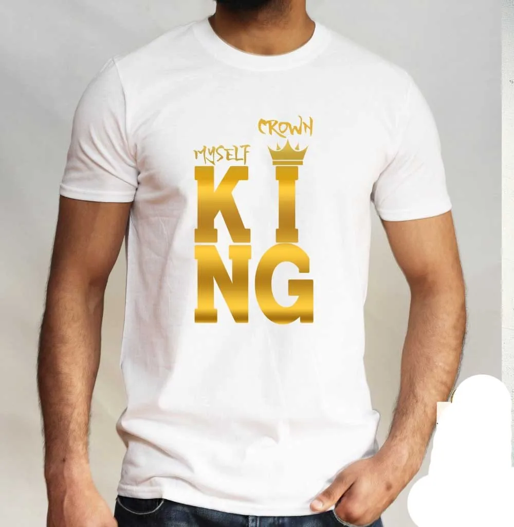 Men 2019 New Short Sleeve Crown My Self King T-Shirt Gold Print Fashion Tee design Black Gift Top Cotton T-Shirts | Мужская одежда