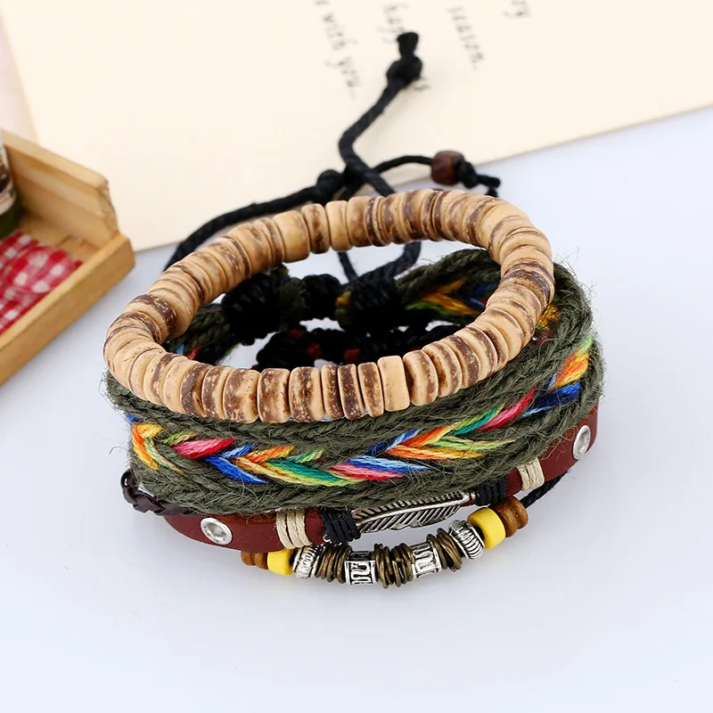 3Pcs/Set Boho Gypsy Hippie Punk Wooden Beige Coconut Wood Beads Brown Leather Cord Wrap Macrame Wrap Bracelets Set for Man