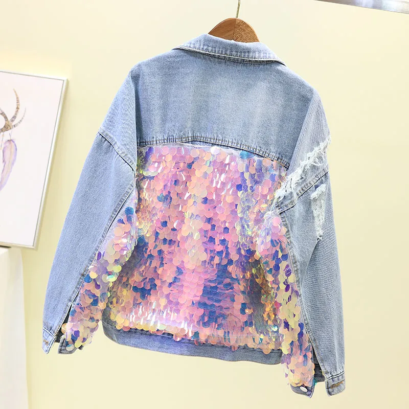 Spring Autumn 2019 New Sequins Holes Cowboy Short Jacket Loose Long-sleeved Studded Jackets Student Green Coat Women | Женская одежда