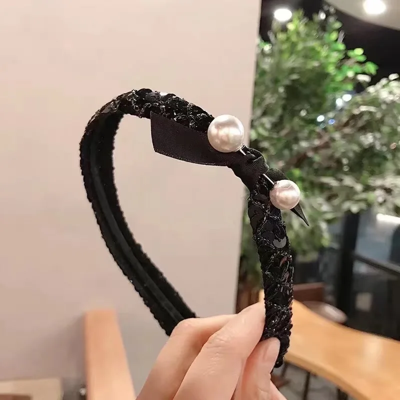 MENGJIQIAO новые корейские ТВ звезды элегантные искусственный жемчуг блестки повязки для волос для женщин модные аксессуары для волос - Цвет: black