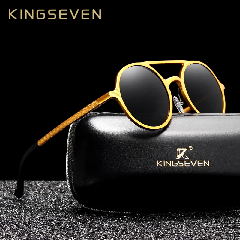 

KINGSEVEN 2019 Steampunk Vintage Aluminum Sunglasses Men Round Lens Polarized Sun Glasses Driving Men's Eyewear N7576