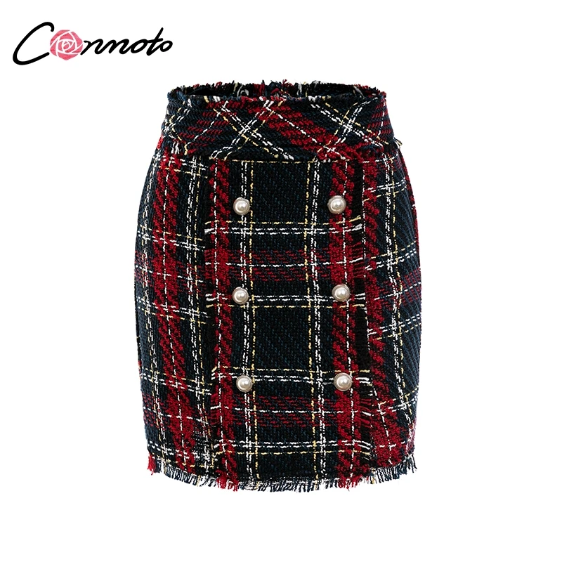 Conmoto Повседневные твидовые юбки с высокой талией короткие в клеточку короткая