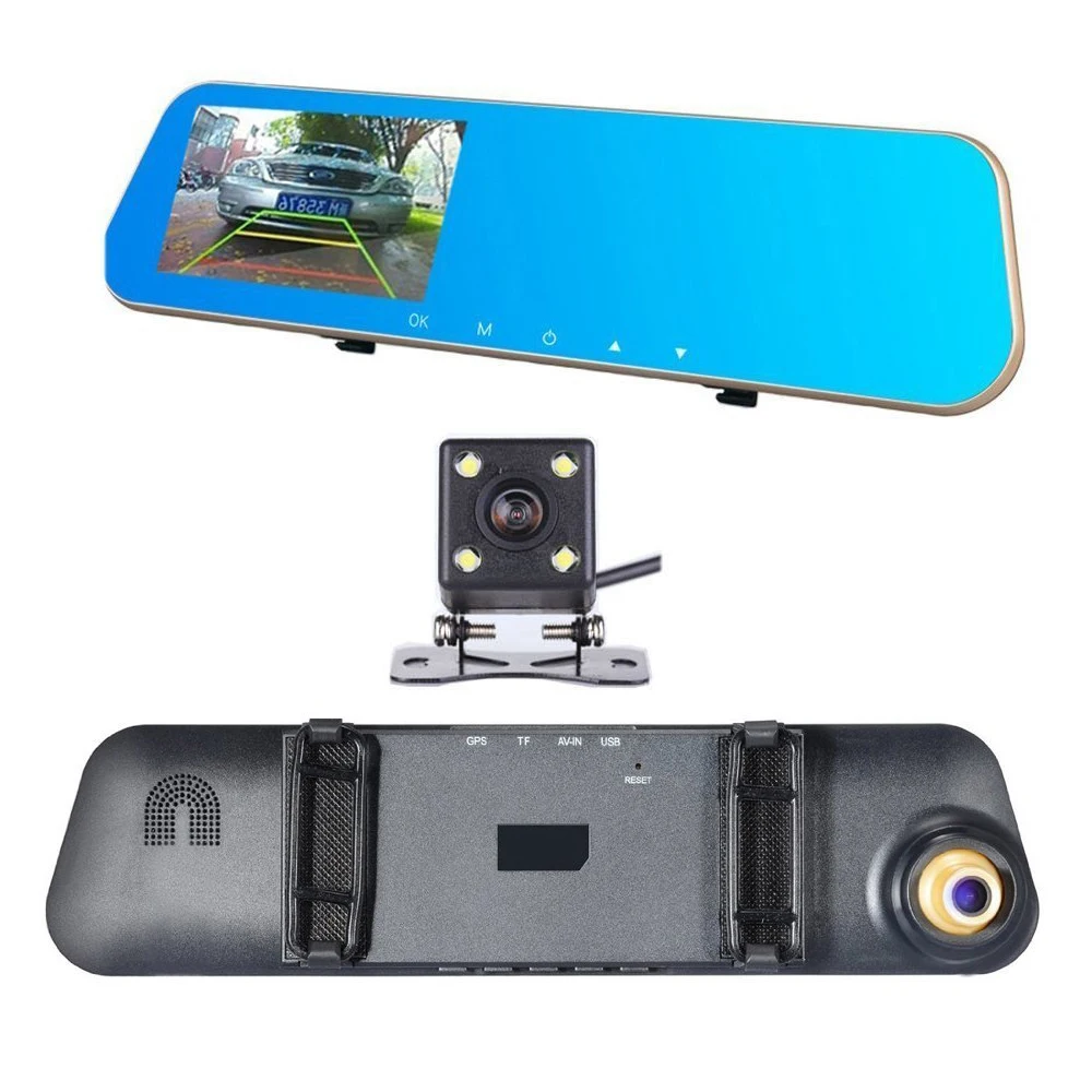 Podofo Двойной объектив автомобиля Камера Dash Cam отзыв зеркало цифрового видео