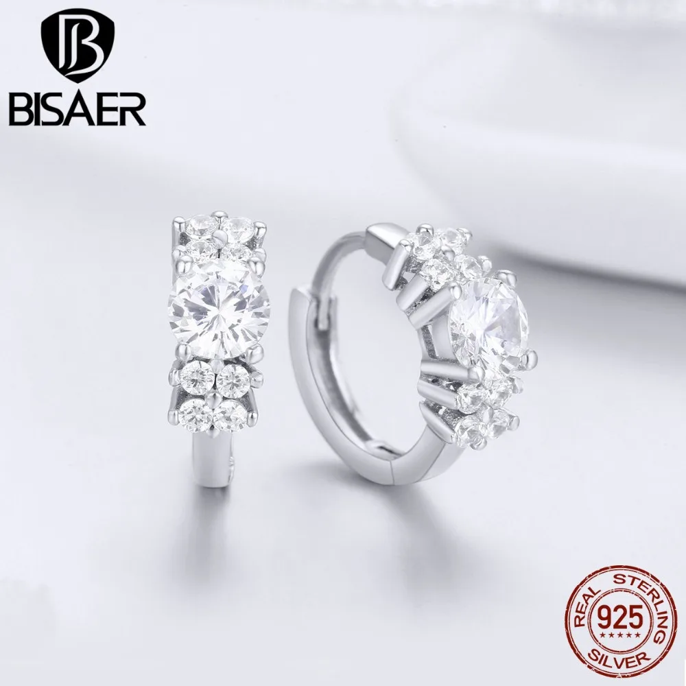 BISAER, 925 пробы серебряные Простые круглые серьги-гвоздики для женщин, прозрачные серебряные серьги с кубическим цирконием, ювелирные изделия, Brincos ECE485