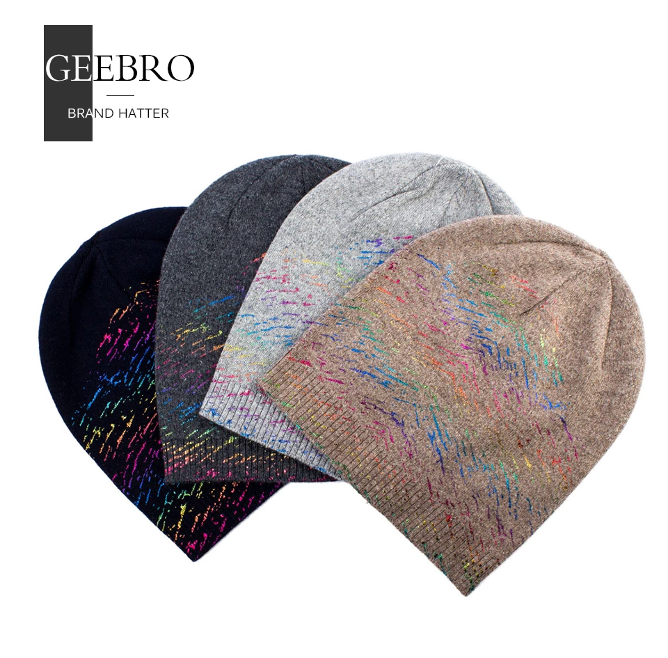 Geebro/женская вязаная шапка с принтом, шапка, весна, металлический цвет, slouky, черная шапка, женские вязаные кашемировые шапочки