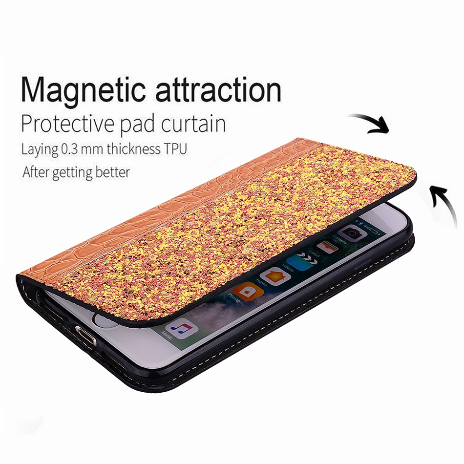 Роскошный блестящий флип чехол для IPhone XS Max кошелек XR X 6 6S 7 8 Plus с крокодиловым