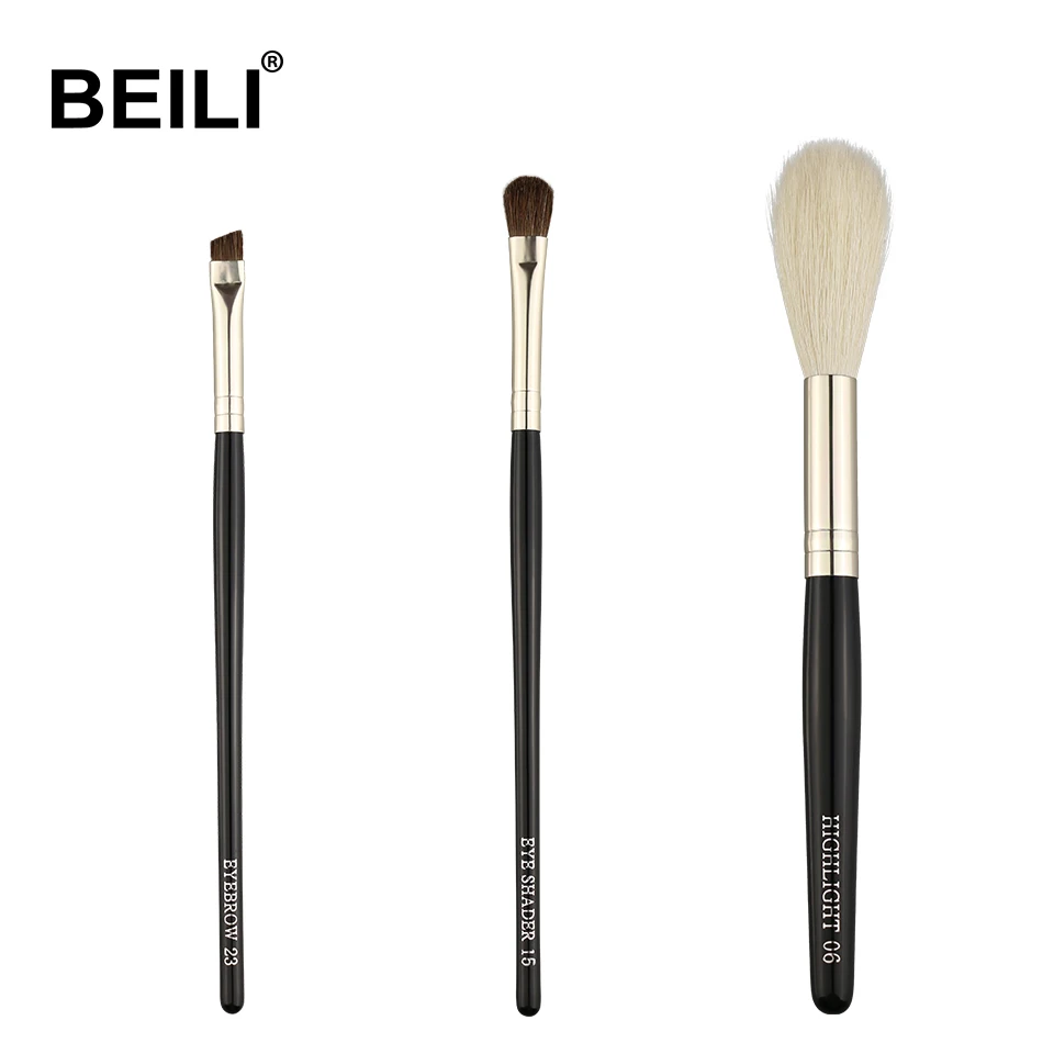 

BEILI, 100% натуральная козья шерсть, черная ручка, мелирование, румяна, длинные волосы, тени для век, для бровей, 3 штуки, набор кистей для макияжа