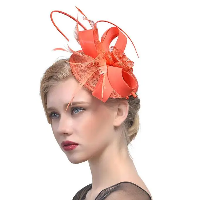 Coral red Красные/белые/черные шляпы Sinamay Королевский fascinators Свадебные гонок коктейль чародей женщины белье перо шляпа вечерние аксессуары для волос - Цвет: Coral red