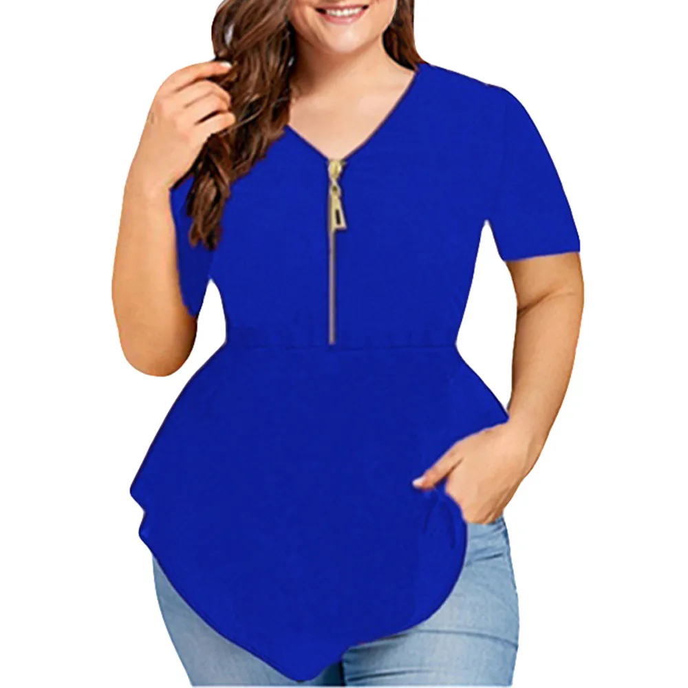 Blue Летние топы размера плюс 5XL для женщин, топы и блузки, элегантные однотонные рубашки на молнии, туника, Женский Топ, женская одежда - Color: Blue