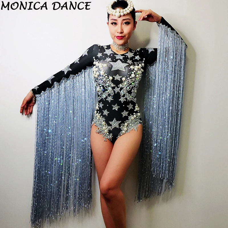 Women Gray Tassel Crystals Stars Bodysuit Nightclub Party Female Singer Costume Celebrate Outfit Stage Dance Fringes Leotard