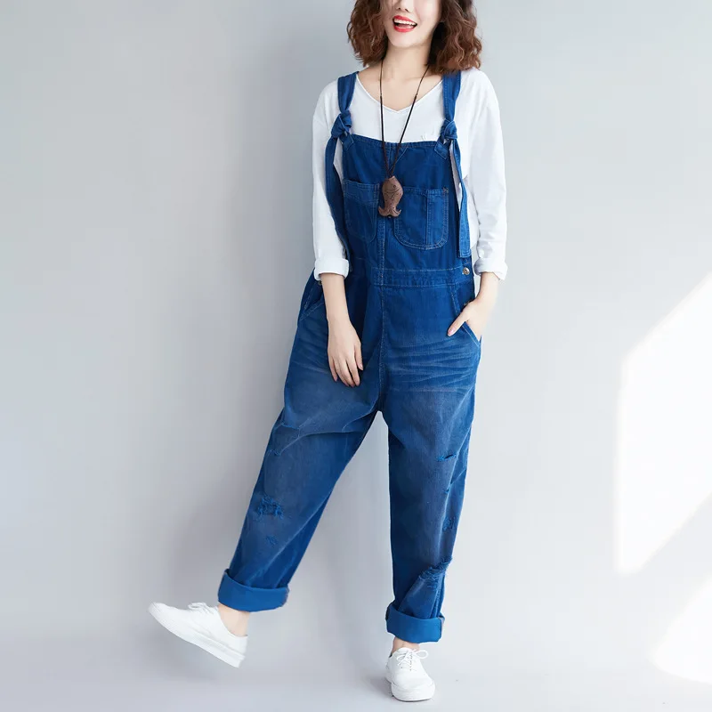 

Jumpsuits & Rompers Women's Clothing Autumn and winter made old broken hole corduroy suspender casual pants Fashion Jumpsuits