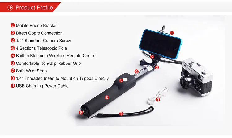 KINGJOY официальная селфи палка портативный Bluetooth 3,0 экшн видеокамера штатив для телефона смартфон Универсальный для Gopro камеры