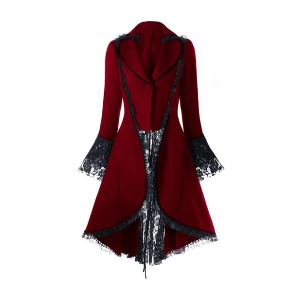 Women Lace Trim Lace-up High Low Coat Black Steampunk Victorian Style Gothic Jacket Medieval Noble Court Dress S-3XL - Color: Red