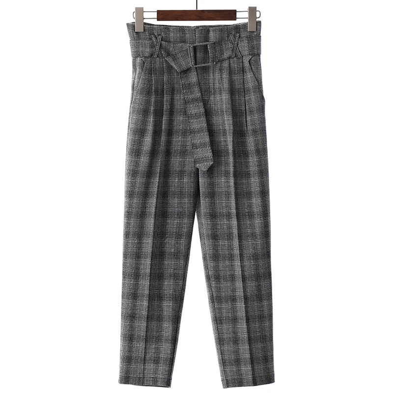 Женские клетчатые брюки с высокой талией винтажные карандаш поясом и карманами