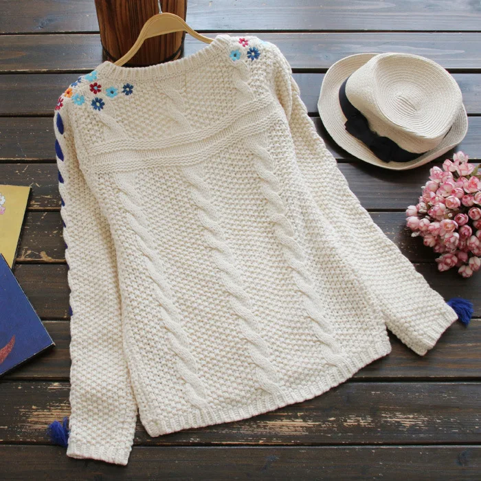 flower embroidery twisted o-neck long-sleeve sweater cardigan |