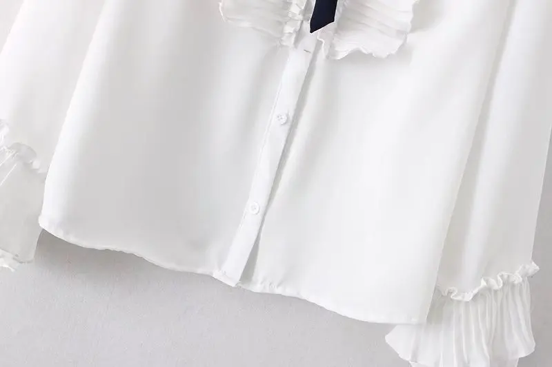 

Oversize XL-4XL Women Office Lady Shirt Elegant Lace Up Bow Tie Ruffled Long-sleeved White Blouse Loose Thin Simple Lady Tops