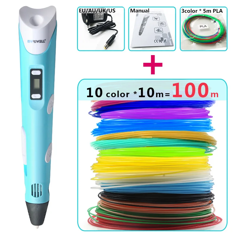 myriwell 3d ручка для рисования，LED дисплей，АБС/PLA нить，3д ручка 3d pen 3d pens Позволяет детям делать бесплатную живопись 3 д ручка 3 д триде ручка 3d ручка самая дешовая 3d Ручка зд ручка 3d для объёмного рисования - Цвет: Blue and 100m ABS