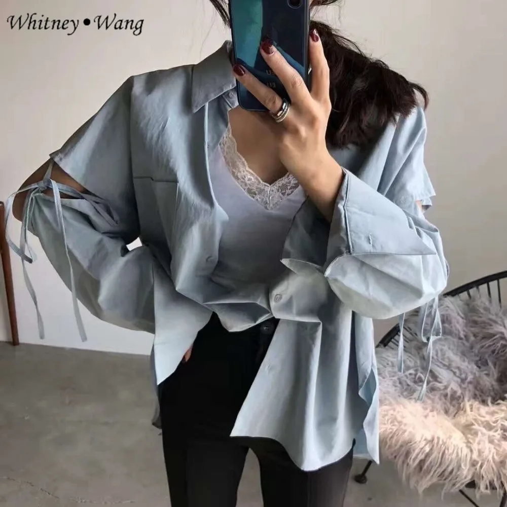 WHITNEY Ван 2019 демисезонный модная уличная BF стиль с кружево до рукавом Oversize блузка