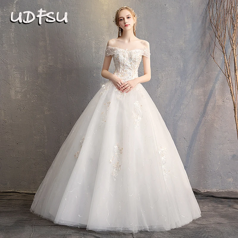 

UDFSU Women Vintage Lace Wedding Gowns Off The Shoulder Lace Up Wedding Dress Elegant Tulle Ball Gown Vintage Bridal Dress