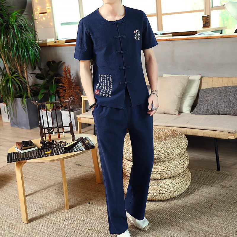 

Chinese Style Streetwear Men Tracksuit Short Sleeve Shirt + Trousers Elastic Waist Fashion Summer Men Clothes 2020 Set Plus Size