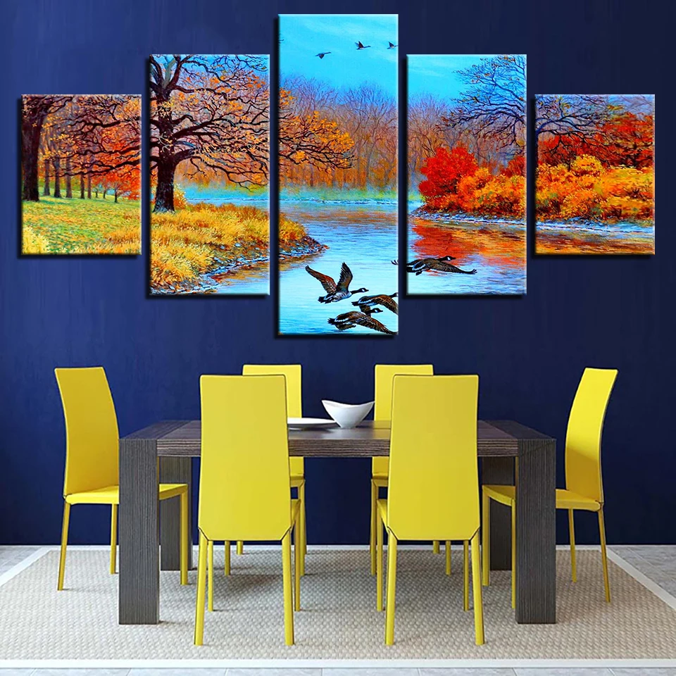 Картины на холсте с изображением дерева озера птиц 5 панелей|print poster|hd printscanvas painting