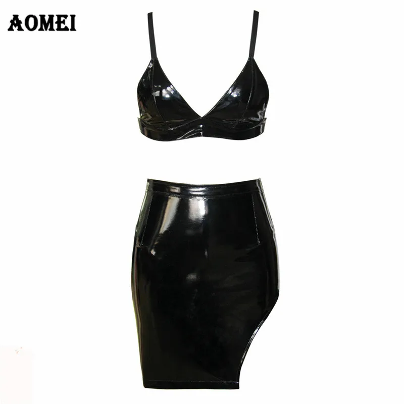 Комплект из 2 предметов женский Сексапильный искусственной кожи с топом и юбкой