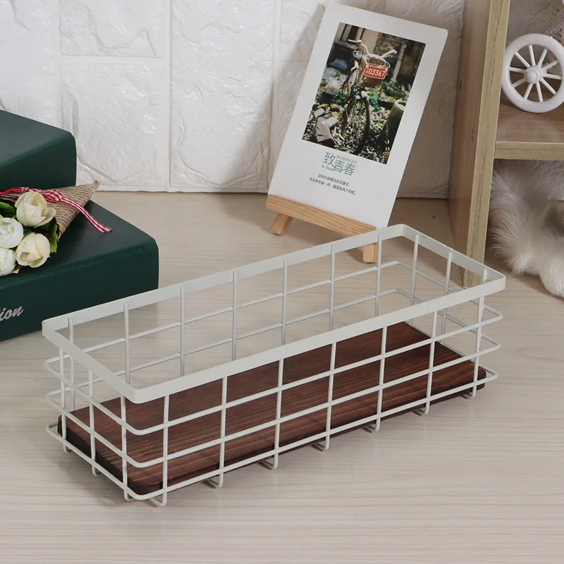 Wrought Iron Storage Basket Desktop Finishing with Wooden Plant Flower | Дом и сад