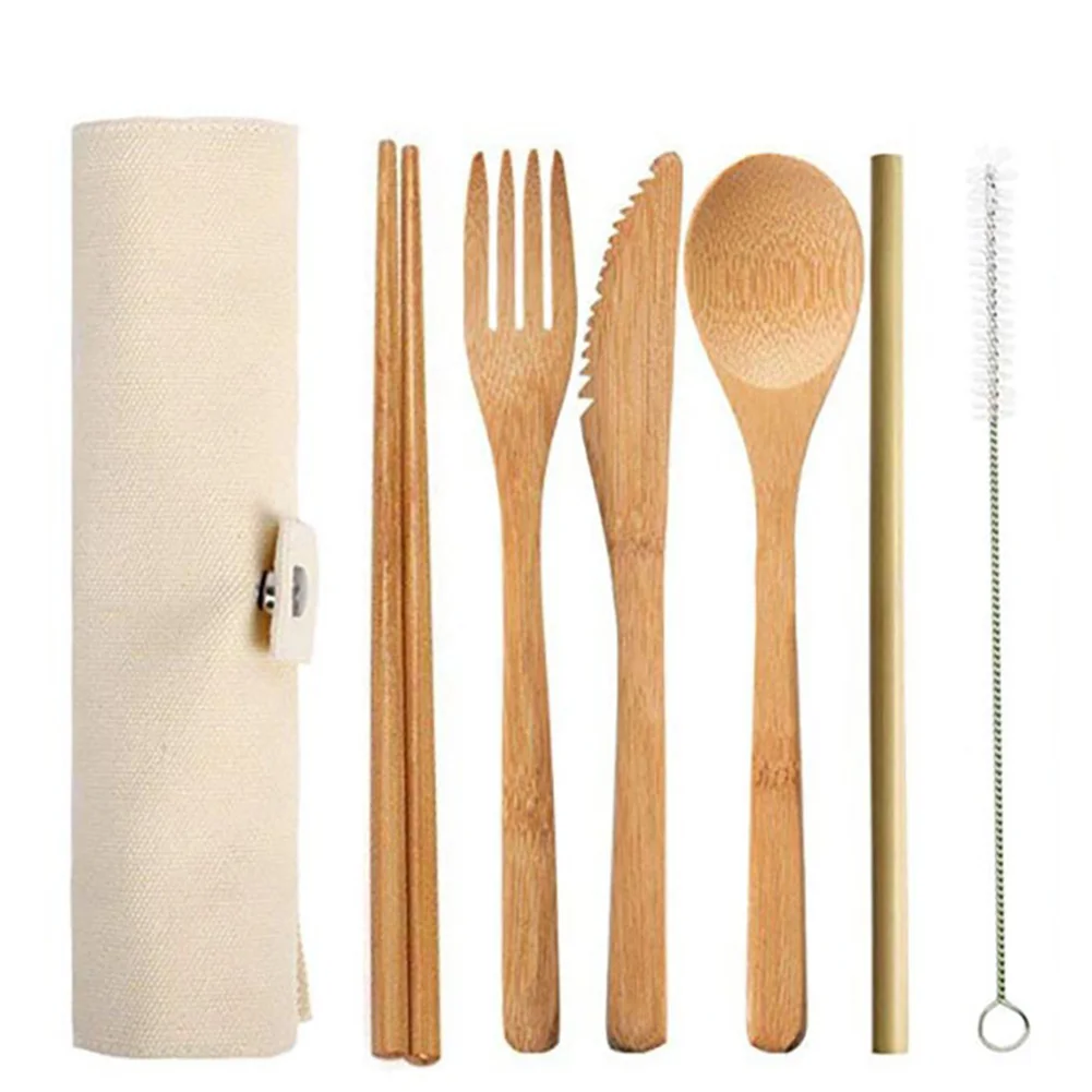 2 6 шт./компл. Bamboo Экологичная кухонная утварь, столовые приборы многоразовые с тканевой сумкой соломенный нож ложка Вилка палочки для еды пикника натуральный - Цвет: 2